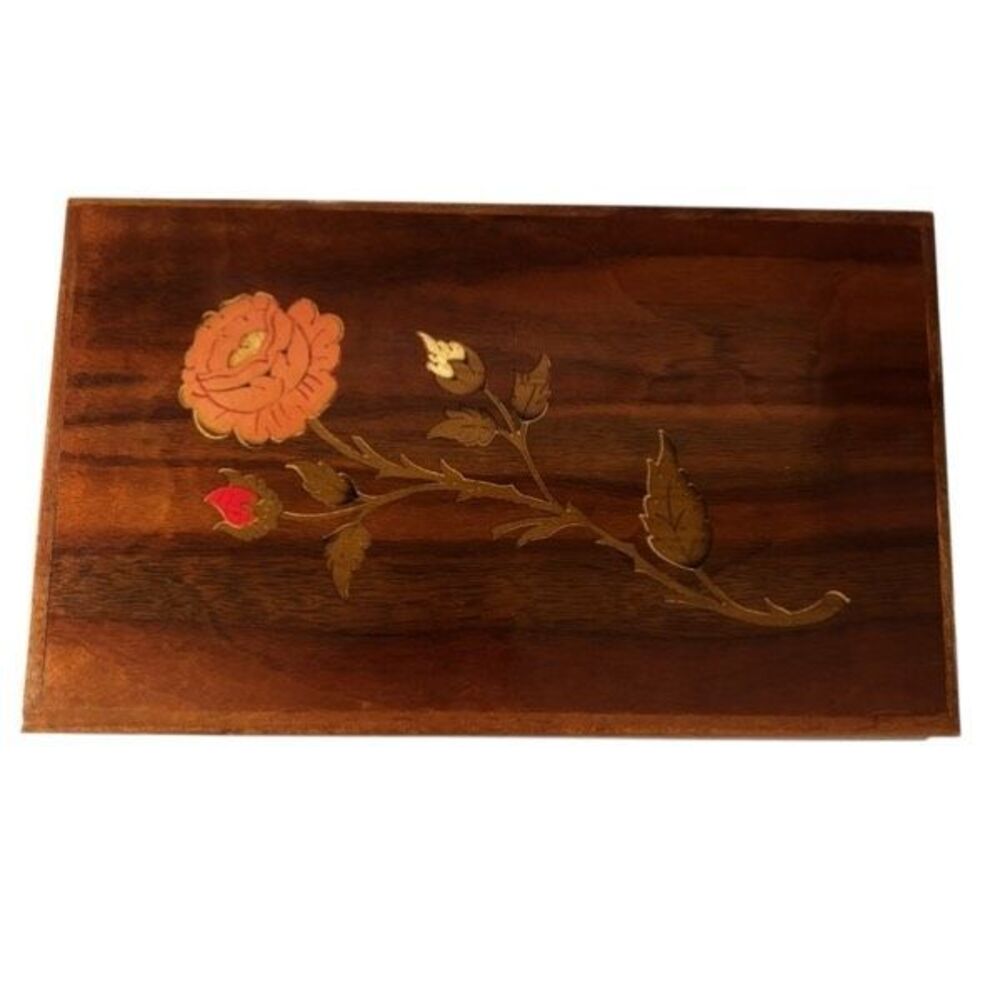 Vintage Italian Inlaid Wood Music Jewelry Box Rose Marquetry Fuer Elise Tested
